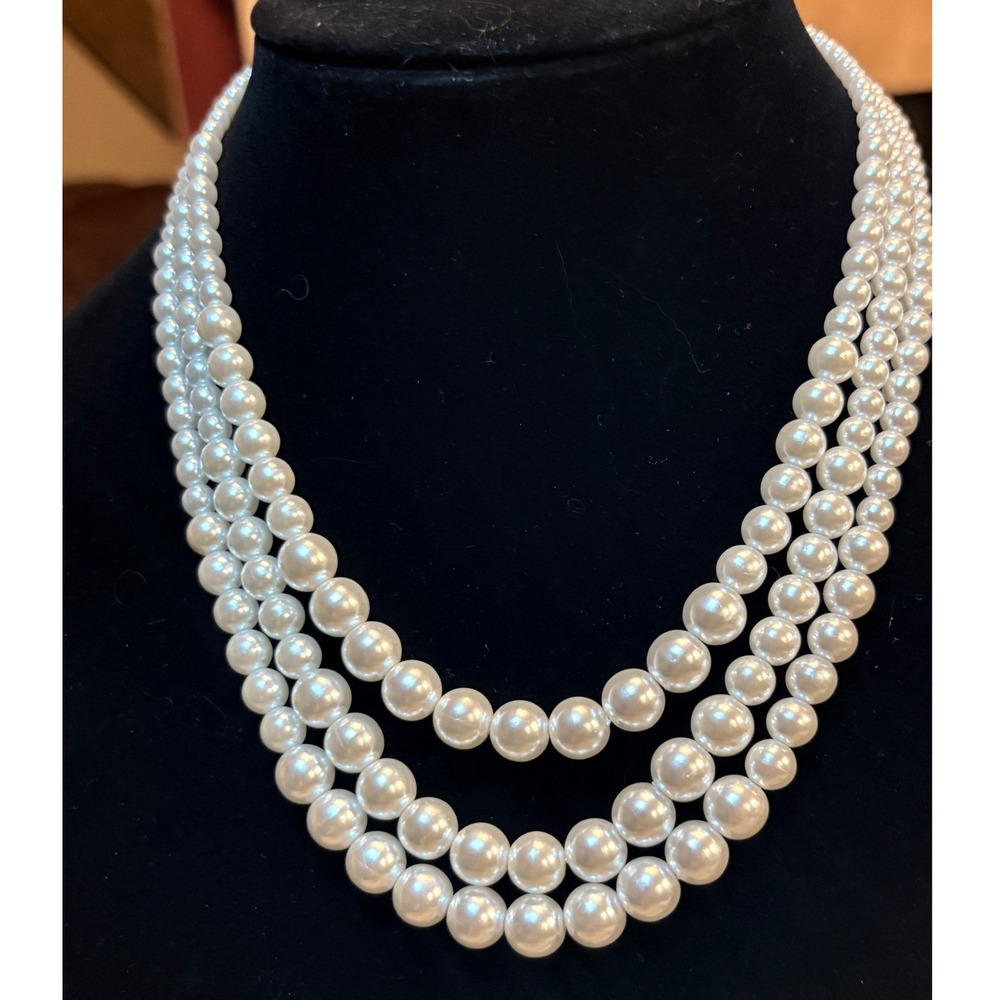 Vintage Tripleâ Strand Faux Pearl Necklace Gold Tone Floral Filigree Box Clasp